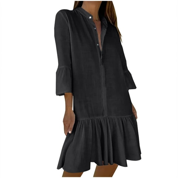 Oksale Ruffle Trim Dress for Women Trendy Mini Dresses 3/4 Sleeve Tunic Shirt Solid Color Cotton Shirts Dress Soft Lightweight Dress 2025 Black S