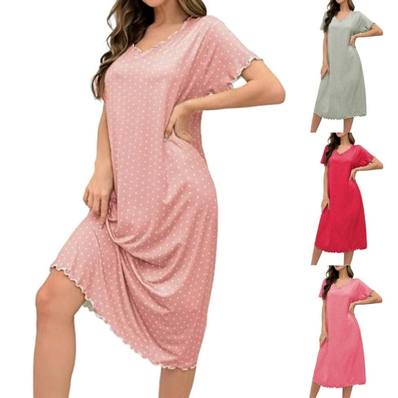 Oksale Ruffle Trim Nightgown for Women Soft Dot Print Midi Pajama Dress Casual V Neck Short Sleeve Sleepwear for Home Pink L