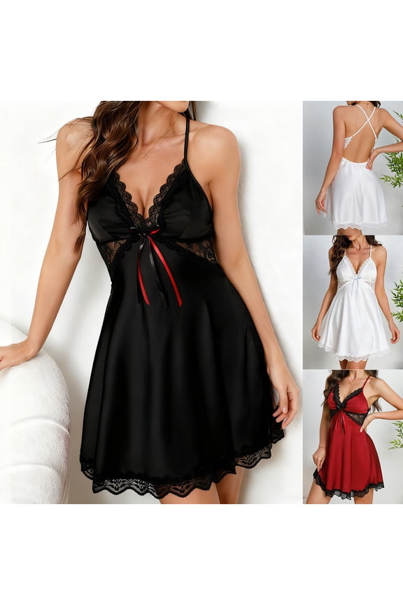 Satin Lingerie for Women Lace Trim Mini Pajama Dress Cross Back Spaghetti Strap Nightgowns Hollow Out Sleepwear 2026 Red S
