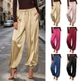thumbnail image 1 of Oksale Satin Pants for Women Trendy Cozy Loose Cinch Bottom Pants with Pockets Casual Elastic Drawstring Waisted Fashion Clothing Beige L, 1 of 10