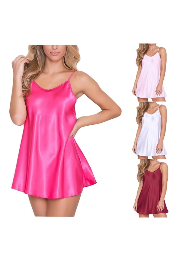 Satin Silk Chemise Nightgown for Women Plus Size Strapless Modal Sleep Dress Sexy V Deep Neck Mini Sleepwear Soft Cozy Sleeveless Slip Pajama Dress Hot Pink XXXL