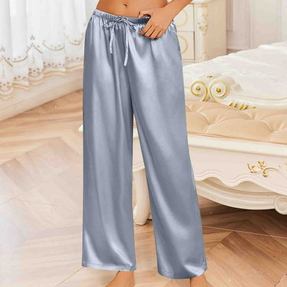 Oksale Satin Silk Womens Pj Pants with Pockets Cooling Pajama Pants Drawstring Elastic Waist Sleepwear Solid Color Wide Leg Pants Lightweight Comfy Pants Silver S