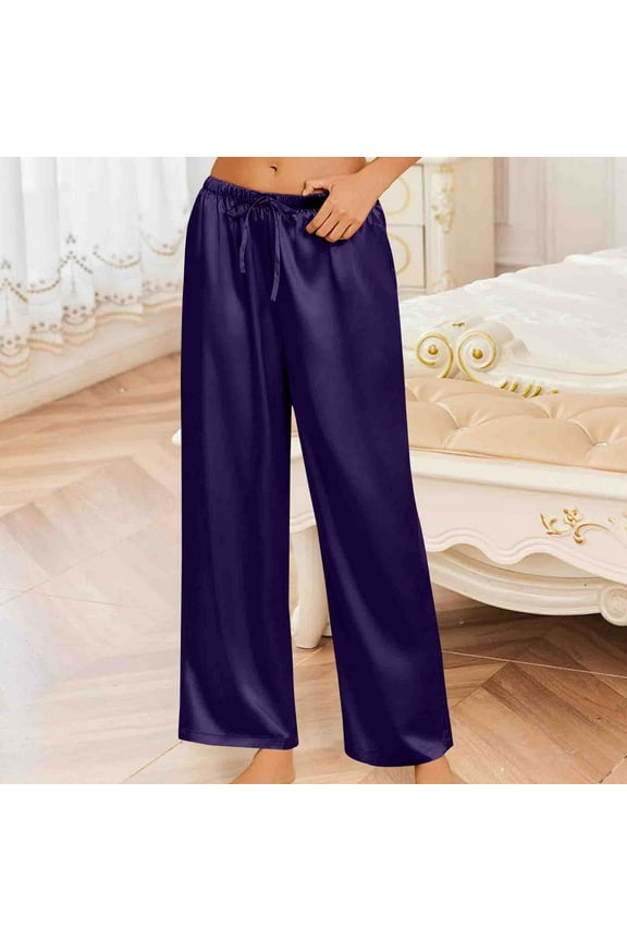 Satin Silk Womens Pj Pants with Pockets Cooling Pajama Pants Drawstring Elastic Waist Sleepwear Solid Color Wide Leg Pants Lightweight Comfy Pants Purple S