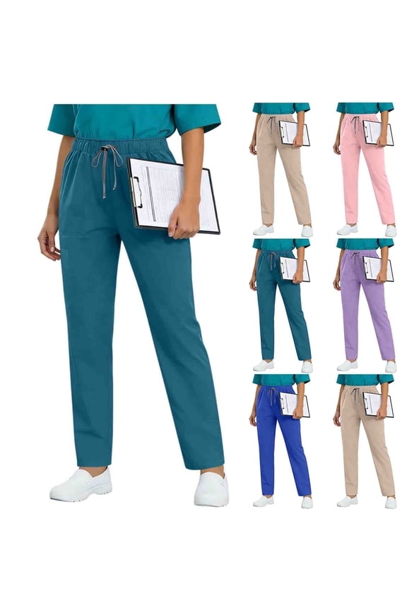 Scrub Pants for Women Petite High Rise Work Pants with Pockets Stretch Waisted Loose Straight Leg Summer Pants Blue M