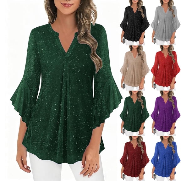 Oksale Sequin Shirts for Women Dressy 3/4 Sleeve Evening Party Tops Sexy V Neck Tunic Blouses Breathable Mesh Top Army Green XL