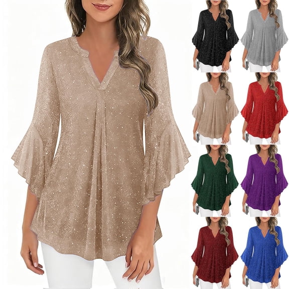 Oksale Sequin Shirts for Women Dressy 3/4 Sleeve Evening Party Tops Sexy V Neck Tunic Blouses Breathable Mesh Top Beige M