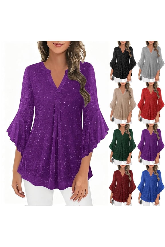 Sequin Shirts for Women Dressy 3/4 Sleeve Evening Party Tops Sexy V Neck Tunic Blouses Breathable Mesh Top Purple L
