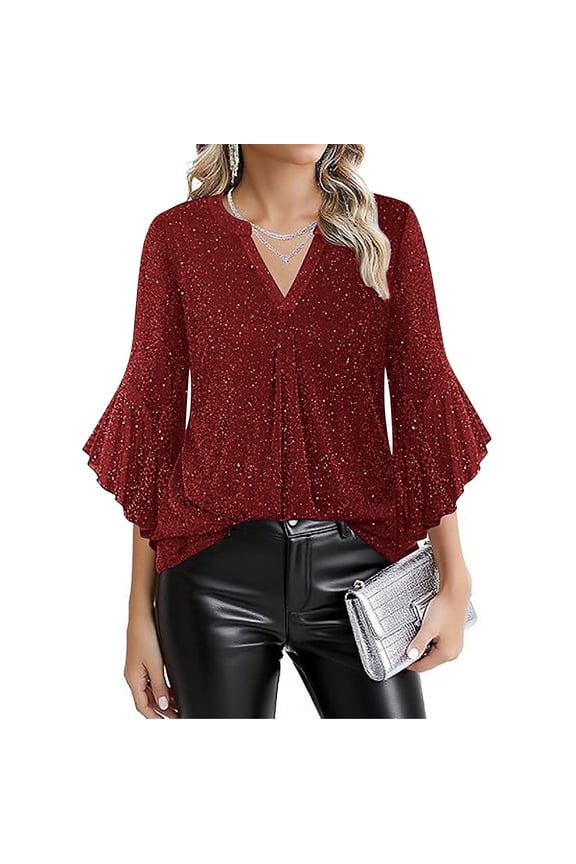 Sequin Shirts for Women Dressy 3/4 Sleeve Evening Party Tops Sexy V Neck Tunic Blouses Breathable Mesh Top Wine XL