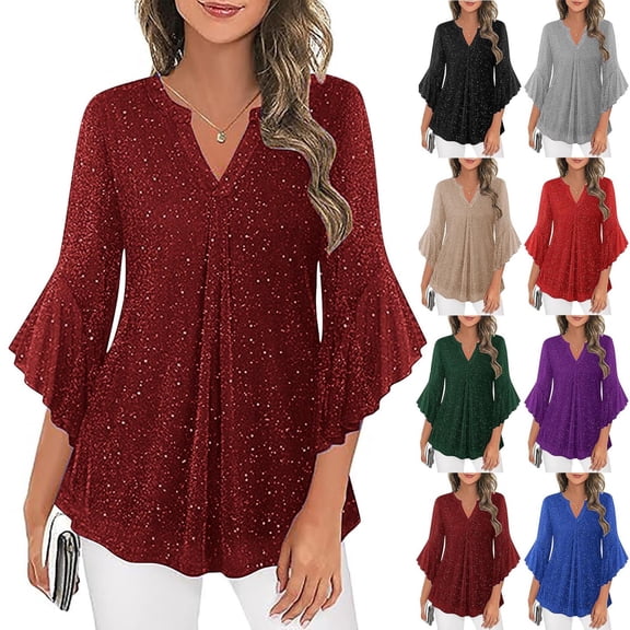 Oksale Sequin Shirts for Women Dressy 3/4 Sleeve Evening Party Tops Sexy V Neck Tunic Blouses Breathable Mesh Top Wine XL