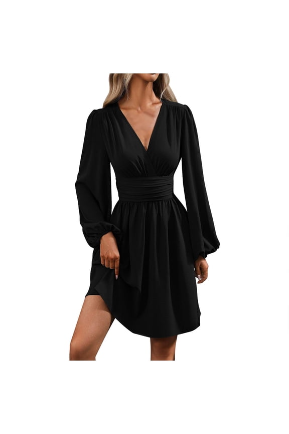 Sexy Deep V Neck Dresses for Women A Line Mini Dress High Waisted Cocktail Dresses Long Puffle Sleeve Dress Elegant Wedding Dresses Black XXL