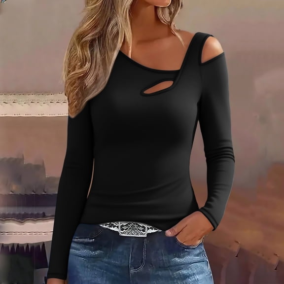 Oksale Sexy Long Sleeve Shirts for Women Trendy One Shoulder Going Out Tops Slim Fit Solid Clothing Black S