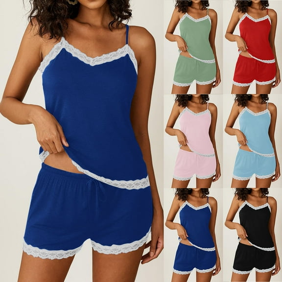 Oksale Sexy Loungewear Sets Woman Adjustable Stap Sleeveless Tops Trendy Lace Trim Sleepwear 2 Piece Shorts Pajama Set Green XL