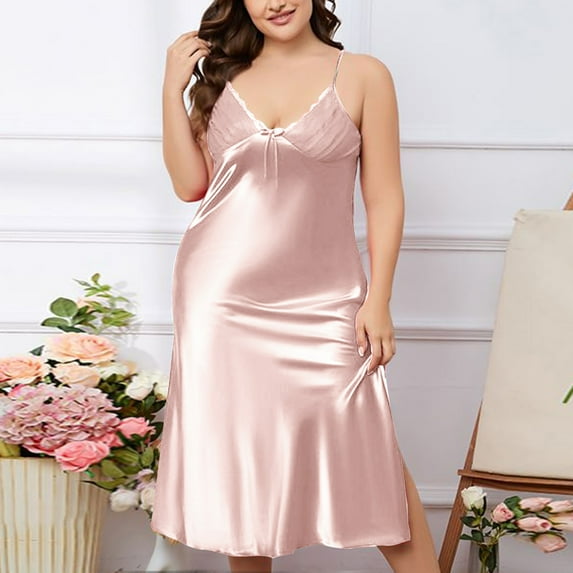 Oksale Sexy Satin Silk Chemise Nightgown for Women Adjustable Strap Loungewear Dress Deep V Neck Pajama Dress Trendy Side Lingerie Night Shirt Elastic Soft Cozy Sleepwear Pink XXL
