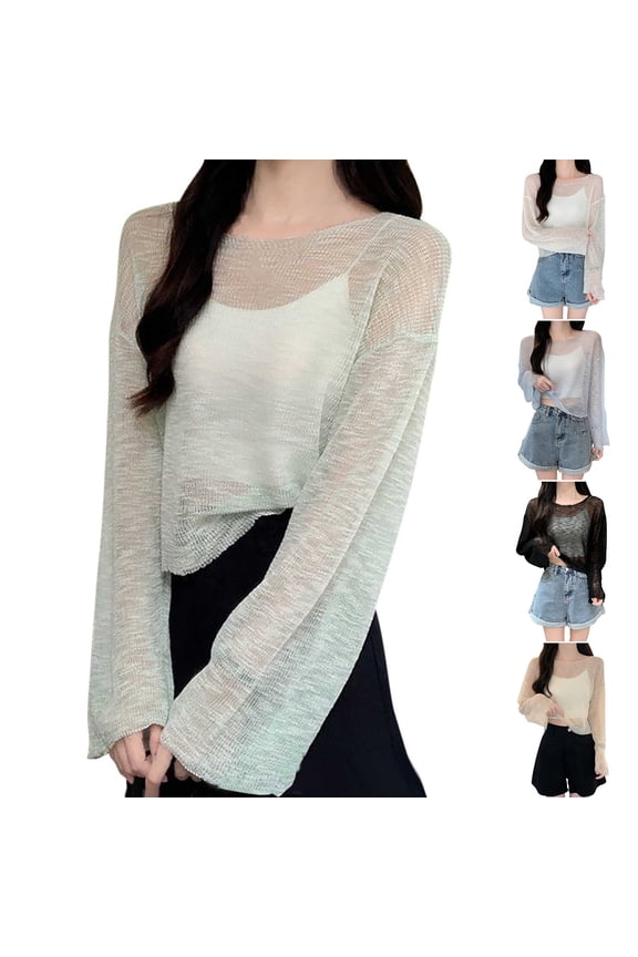 Sheer Tops for Women See Through Long Bell Sleeve Cover Ups Mesh Bathing Suits Casual Crewneck Summer Coverups for Beach Beige Free Size
