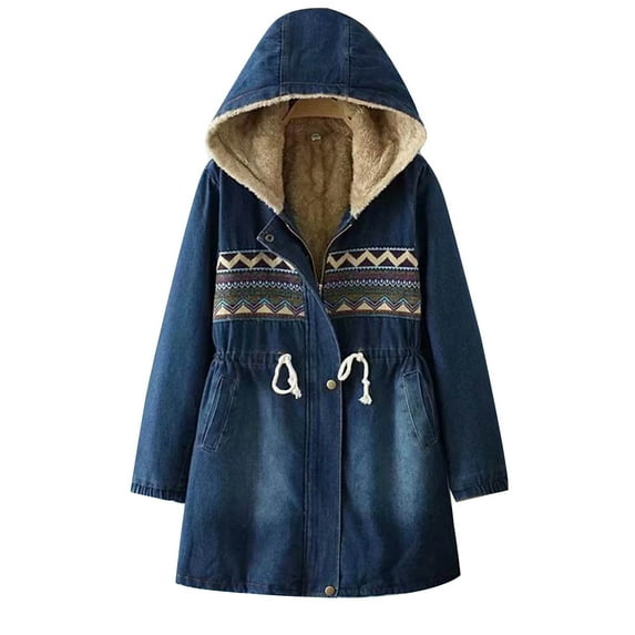Oksale Sherpa Jackets for Women Trendy Embroidery Fleece Lined Denim Jacket Full Zip Hooded Jackets with Pockets Warm Winter Trench Coat Blue XL