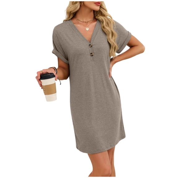 Oksale Short Sleeve Nightgowns for Women Soft Comfy Cotton Mini Pajama Dress Casual Button V Neck Mini Night Dresses Solid Color Sleepwear Coffee 2XL