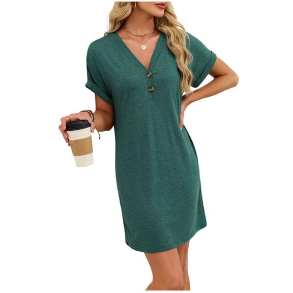 Oksale Short Sleeve Nightgowns for Women Soft Comfy Cotton Mini Pajama Dress Casual Button V Neck Mini Night Dresses Solid Color Sleepwear Green L