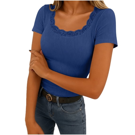 Oksale Short Sleeve Shirts for Women Ribbed Knit Lace Scoop Neck Summer Tops Slim Fit Soft Comfortable Basic Tees Spring Clothing 2026 Blue S