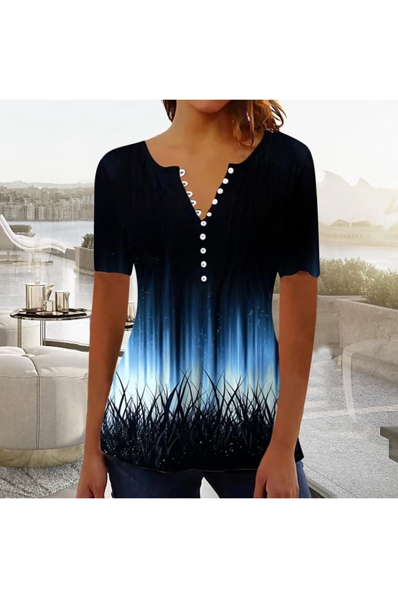 Short Sleeve Tunic Tops for Women Plus Size Button V Neck Tunic Blouses Dressy Casual Floral Summer T-shirts 2026 Multicolor M