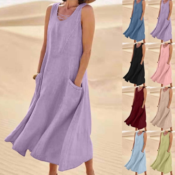 Oksale Sleeveless Sundresses for Women with Pockets Cotton Linen Maxi Dress Solid Color V Neck Beach Dresses for Holiday Navy XL