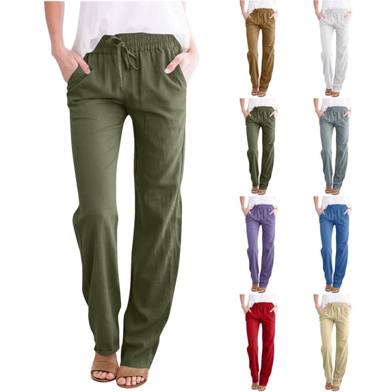 Oksale Slim Straight Leg Pants for Women Tall Casual Summer Pants with Pockets Elastic Drawstring Waisted Vacation Outfits Blue M
