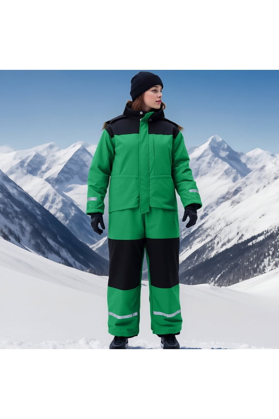 Snow Suit Women Windproof Fuzzy Fleece One Piece Thikcken Warm Winter Ski Suits Insulated Fashion Clothing Jumpsuits for Outdoor Green XL