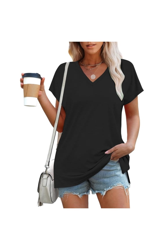 Solid Color T Shirts for Women Cozy Short Sleeve Basic Tee Classic V Neck Side Slit Summer Tops Black 2XL