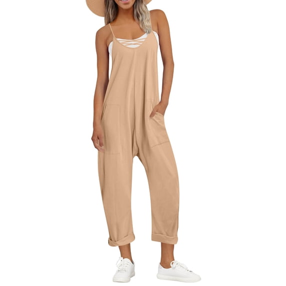 Oksale Spaghetti Strap Jumpsuits for Women Casual Loose Straight Leg Bottom with Pockets Plus Size Sleeveless Summer Beach Vacation Clothes Khaki 3XL