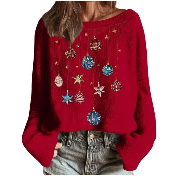 Oksale Sparkly Christams Sweaters Pullover for Women Trendy Boat Neck Xmas Sweater Soft Comfortable Tunic Tops for Holiday Red XXL