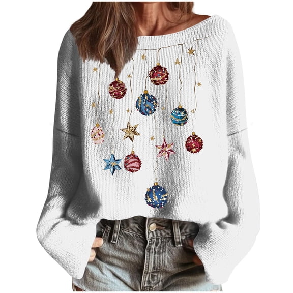 Oksale Sparkly Christams Sweaters Pullover for Women Trendy Boat Neck Xmas Sweater Soft Comfortable Tunic Tops for Holiday White M