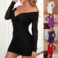 thumbnail image 1 of Oksale Sparkly Sequin Mini Dresses for Women off the Shoulder Sexy Deep V Neck Dress Slim Fit Mesh Dresses Soft Long Sleeve Dress for Party Purple M, 1 of 8