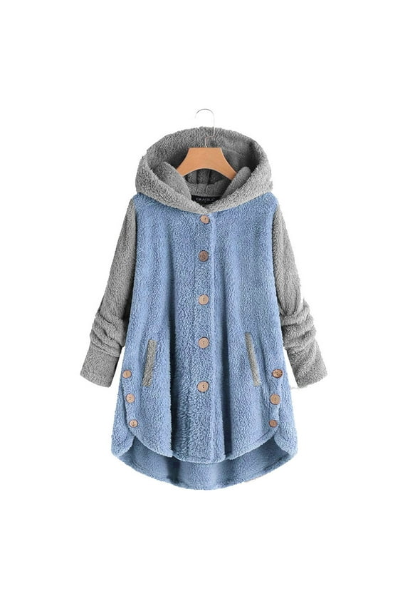 Split Side Jackets for Women Trendy Fuzzy Fleece Jacket Hoodie with Pockets Casual Button Down Coats Soft Warm Pajamas Color Block Tops 2025 Light Blue XXL