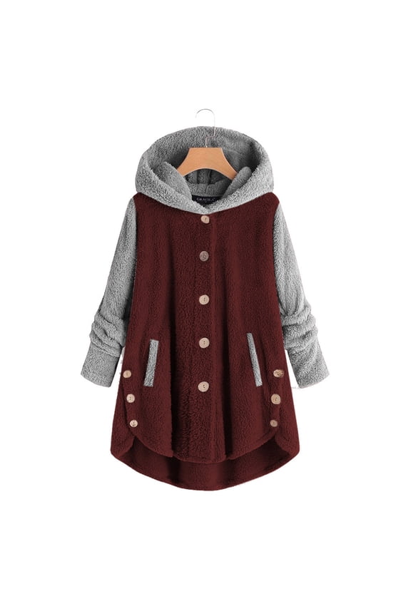Split Side Jackets for Women Trendy Fuzzy Fleece Jacket Hoodie with Pockets Casual Button Down Coats Soft Warm Pajamas Color Block Tops 2025 Wine XL