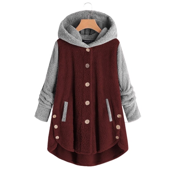 Oksale Split Side Jackets for Women Trendy Fuzzy Fleece Jacket Hoodie with Pockets Casual Button Down Coats Soft Warm Pajamas Color Block Tops 2025 Wine XXL