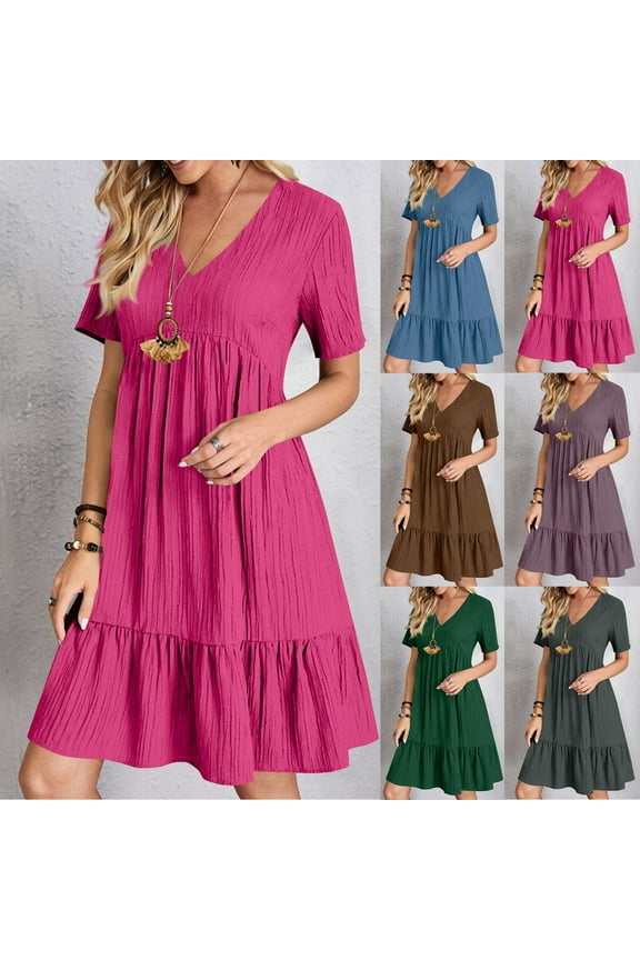Spring Dresses for Women Trendy Pleated Front High Waisted Midi Dress Loose Short Sleeve Summer Beach Plus Size Dresses Dark Gray M