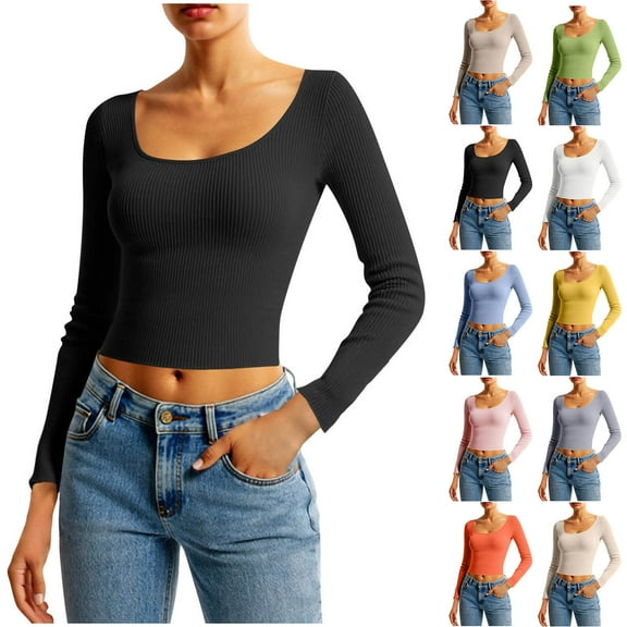 Oksale Square Neck Tops for Women Cropped Long Sleeve Shirts Slim Fit Fashion Clothing Going Out Tops Yellow M
