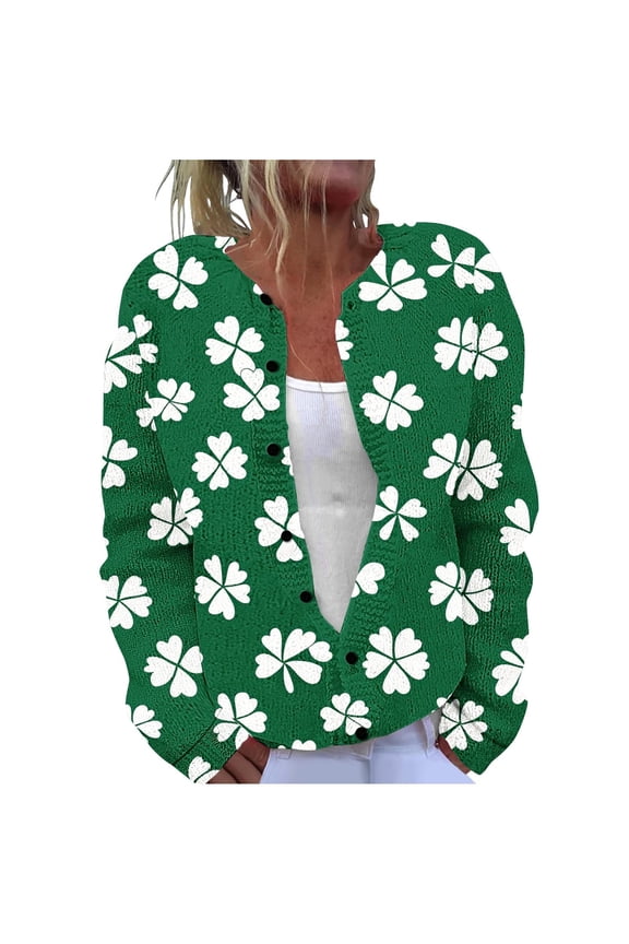 St.Patrick's Day Cardigan for Women Plus Size Floral Print Sweates Trendy Button Down Cardigans Comfortable Long Sleeve Outerwear Festival Tops Green S