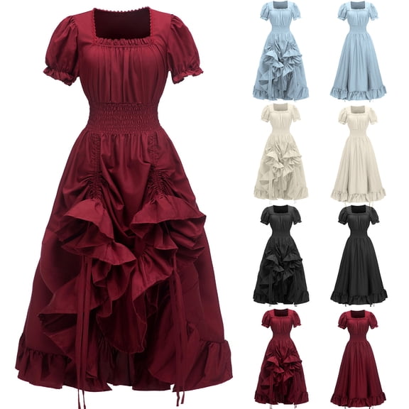 Oksale Steampunk Dresses for Women Medieval Vintage Elegant Square Neck Puff Sleeve Peasant Dress Smocked Waisted Asymmetrical Ruffle Hem Renaissance Dresses Ladies Ball Gowns Black S