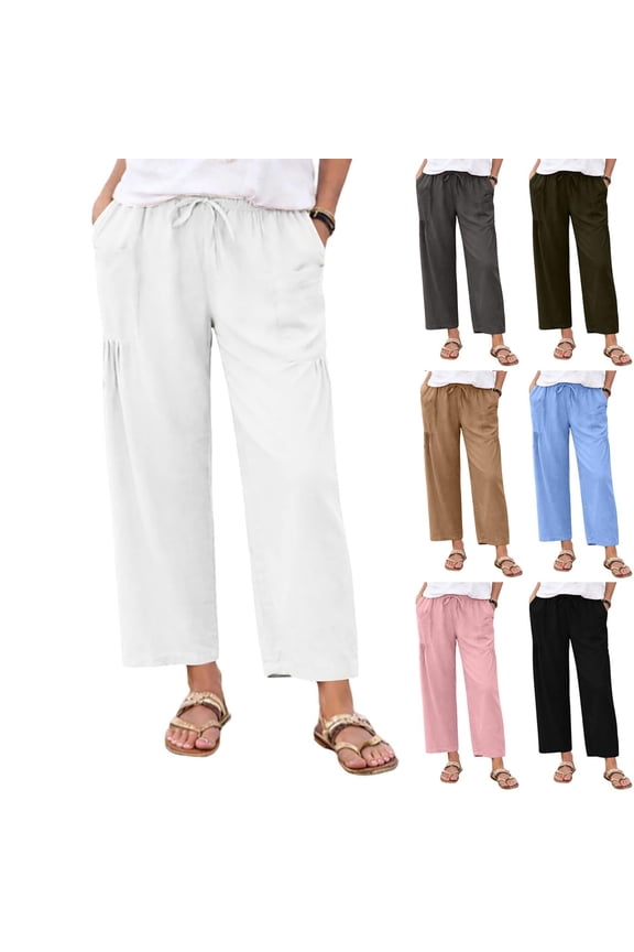 Straight Leg Pants for Women Petite Cozy Loose Cotton Linen Pants with Pockets Casual Drawstring Elastic Waisted Ankle Summer Trousers