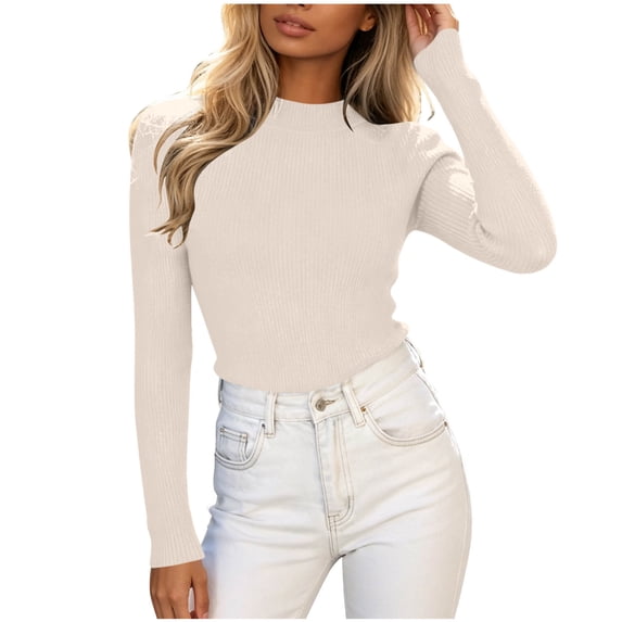 Oksale Stretchy Cotton Long Sleeve Tops for Women Slim Fit Comfortable Ribbed Tshirts Trendy Mock Neck 2026 Basic Tees Fall Clothes Beige Free Size