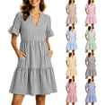 thumbnail image 1 of Oksale Striped Dress for Women Flowy A Line Dresses with Pockets Casual V Neck Short Sleeve Beach Boho Dress 2026 Yellow S, 1 of 10