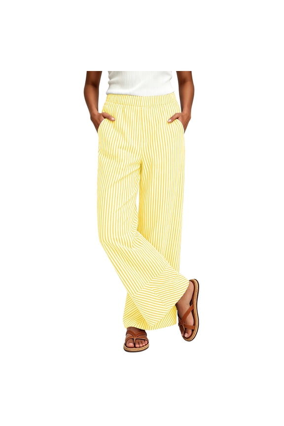 Striped Linen Pants Women Tall Plus Size Casual Pants with Pockets Loose Wide Leg Trousers Elastic Smocked High Waisted Summer Clotes Yellow S