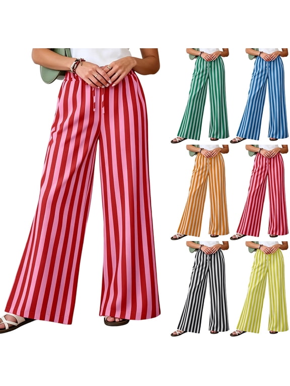 Striped Palazzo Pants for Women Flowy Loose Wide Leg Drawstring Waist Pants Casual Vacation Trousers for Travel 2026 Orange S