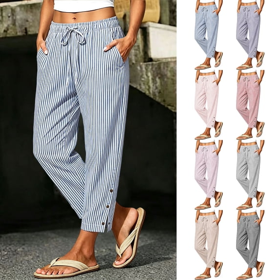 Oksale Striped Pants for Women Plus Size Pull On Drawstring Elastic Waist Ankle Pants with Pockets Casual Side Slit Straight Leg Pants 2026 Navy XL