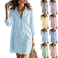 thumbnail image 1 of Oksale Striped Shirt Dresses for Women Loose Comfy Long Sleeve Mini Dress Summer Casual V Neck Blouses Dresses Beige M, 1 of 10
