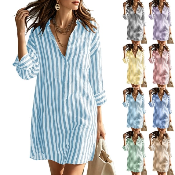 Oksale Striped Shirt Dresses for Women Loose Comfy Long Sleeve Mini Dress Summer Casual V Neck Blouses Dresses Beige M