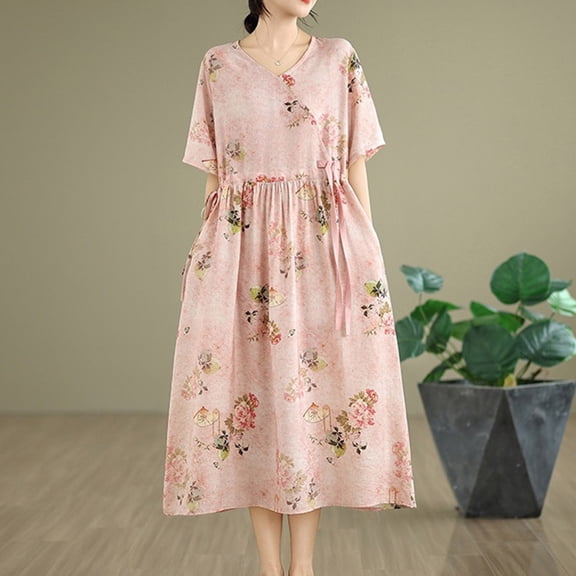 Oksale Summer Dresses for Women Casual Comfy Cotton Linen Floral Print Midi Dress with Pockets Soft Loose Crewneck Short Sleeve Going Out Dress 2026 Pink L