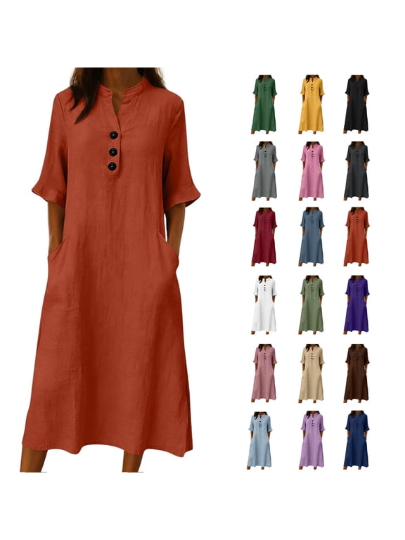 Summer Dresses for Women 2026 Casual Henley T Shirt Dress with Pockets Lightweight Soft Cozy Cotton Half Sleeve Midi Dresses Orange L