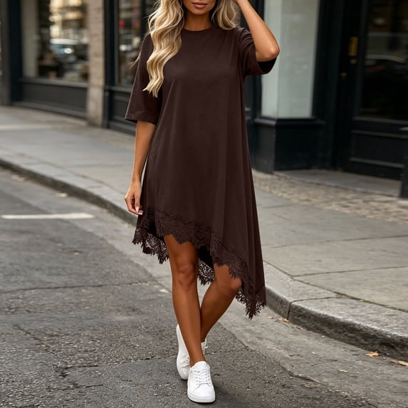 Oksale Summer Dresses for Women 2026 Trendy Asymmetrical Lace Hem Midi Dress Loose Cozy Half Sleeve Going Out Outfits Brown L