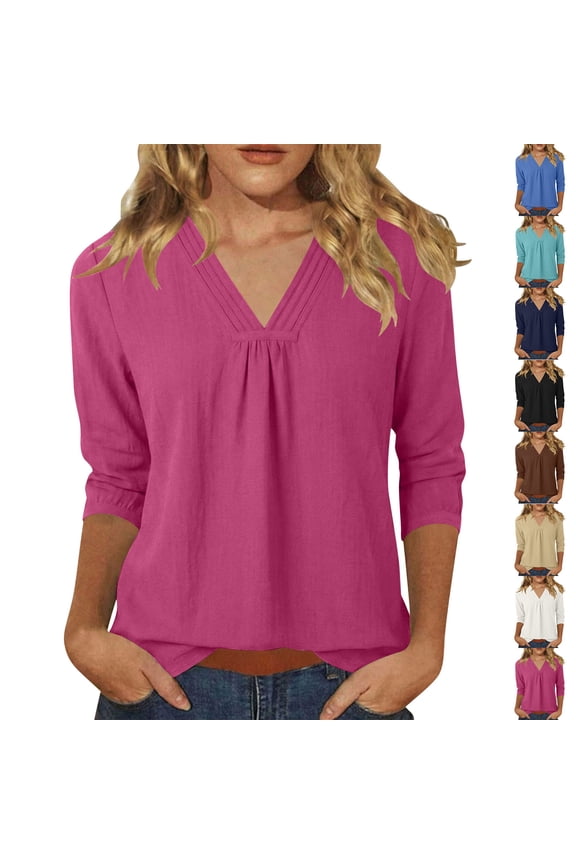 Summer Tunic Tops for Women Loose Fit Dressy Linen Tshirts Casual V Neck Long Sleeve Shirts for Going Out Black M